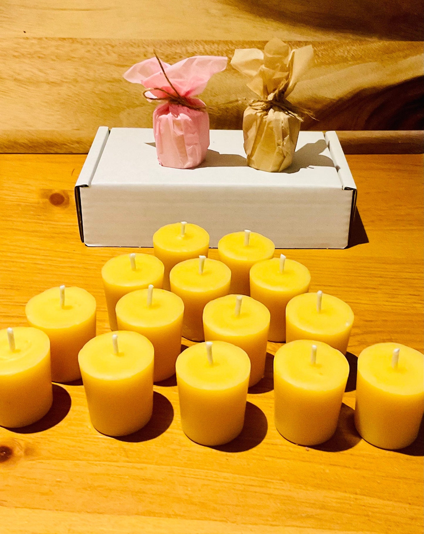 Premium Dorset Beeswax votive candles, straight from the bees (natural scent or Citronella)