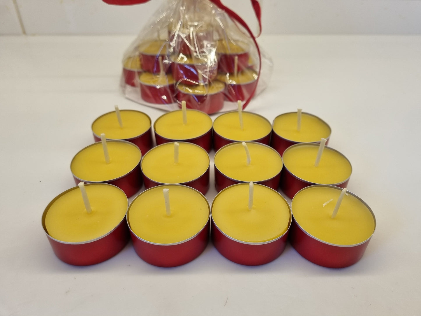 Straight from the bees, Premium handmade beeswax tea lights candles in red tins