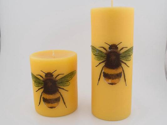 Bee large Pillar candles 100%  Dorset beeswax with a decoupage bee decoration.